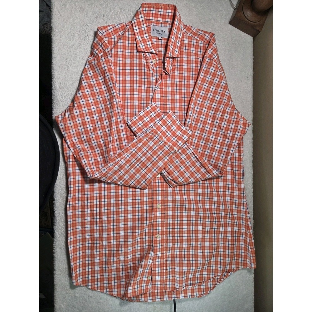 Ledbury Men's XXL Plaid Button Down Shirt Orange Blue 100% Cotton Flaw